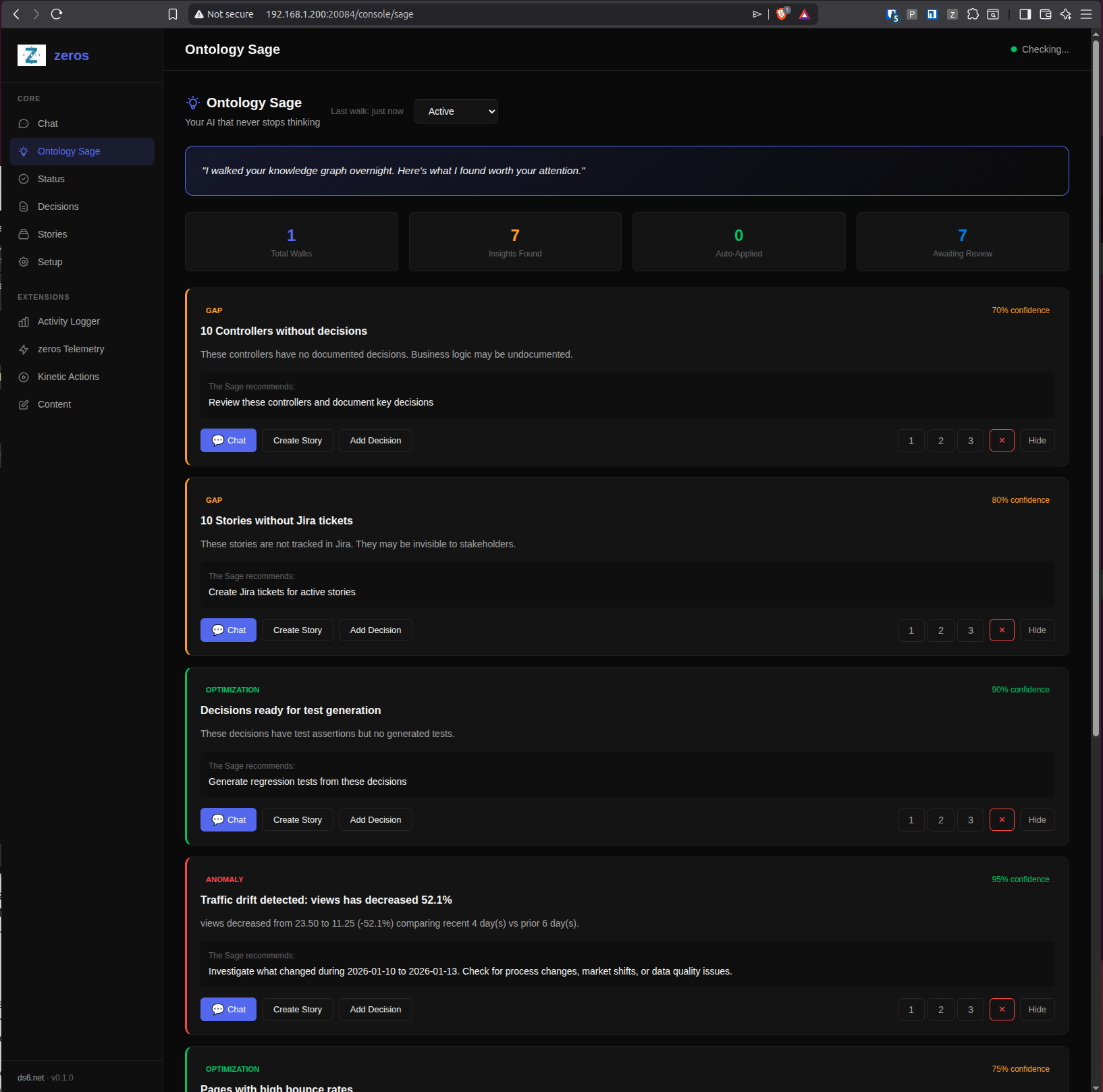 Ontology Sage showing overnight insights and recommendations
